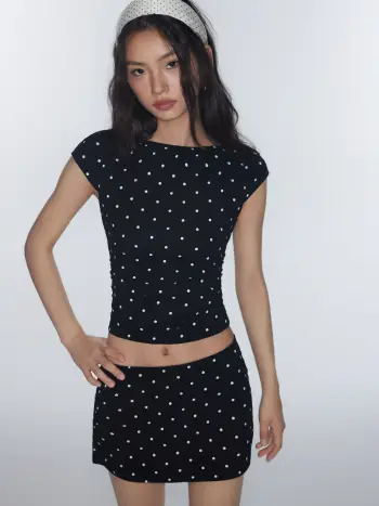 Cotton-blend Boat Neck Polka Dot Ruched Tee & Mini Skort
