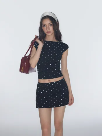 Cotton-blend Boat Neck Polka Dot Ruched Tee & Mini Skort