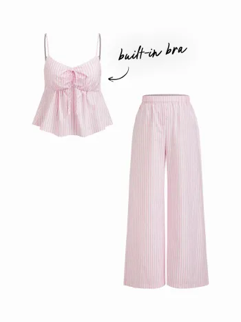 Set lounge top cami a V con fiocco a righe in misto cotone e pantaloni a gamba larga a vita media