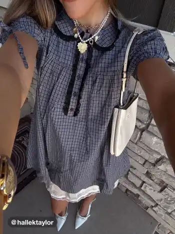 100% Baumwolle Peter-Pan-Kragen Karo Spitzeverzierter Ballonärmel Knoten Mini Kleid