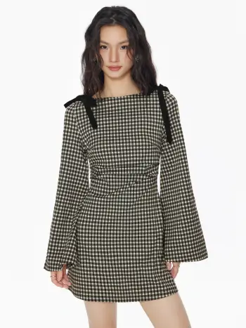 Cotton-blend Boat Neck Gingham Bowknot Ruched Mini Dress