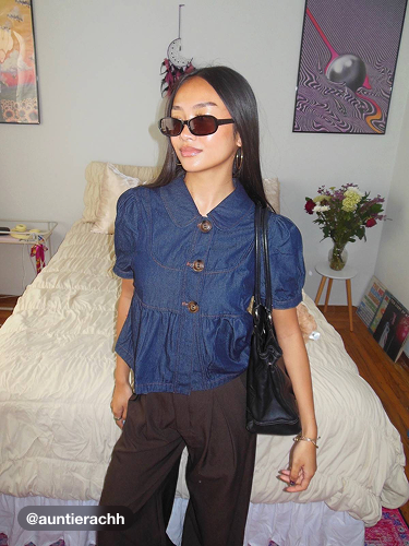 Denim Peter Pan Collar Ruched Puff Sleeve Blouse