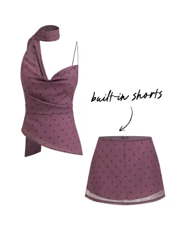 Top Cami con Scollo a Cascata Arricciato a Pois con Foulard e Mini Skort a Vita Media