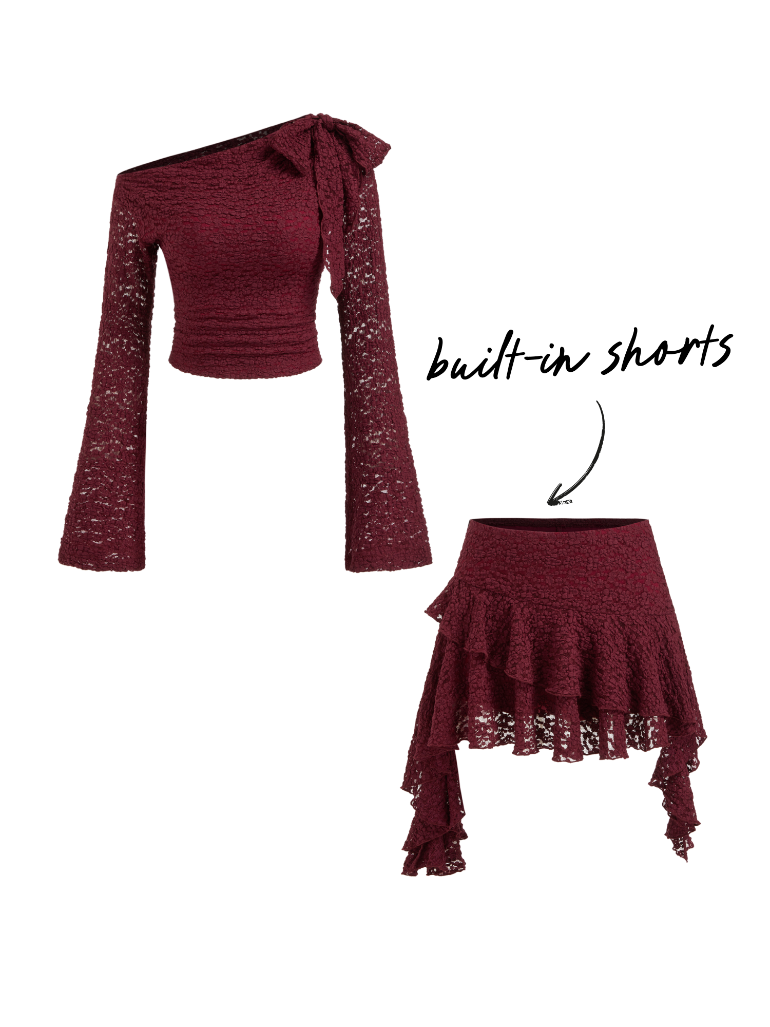 Ensemble assortis : Haut avec col asymétrique en dentelle, manches campanules froncées et jupe mini à volants empilés