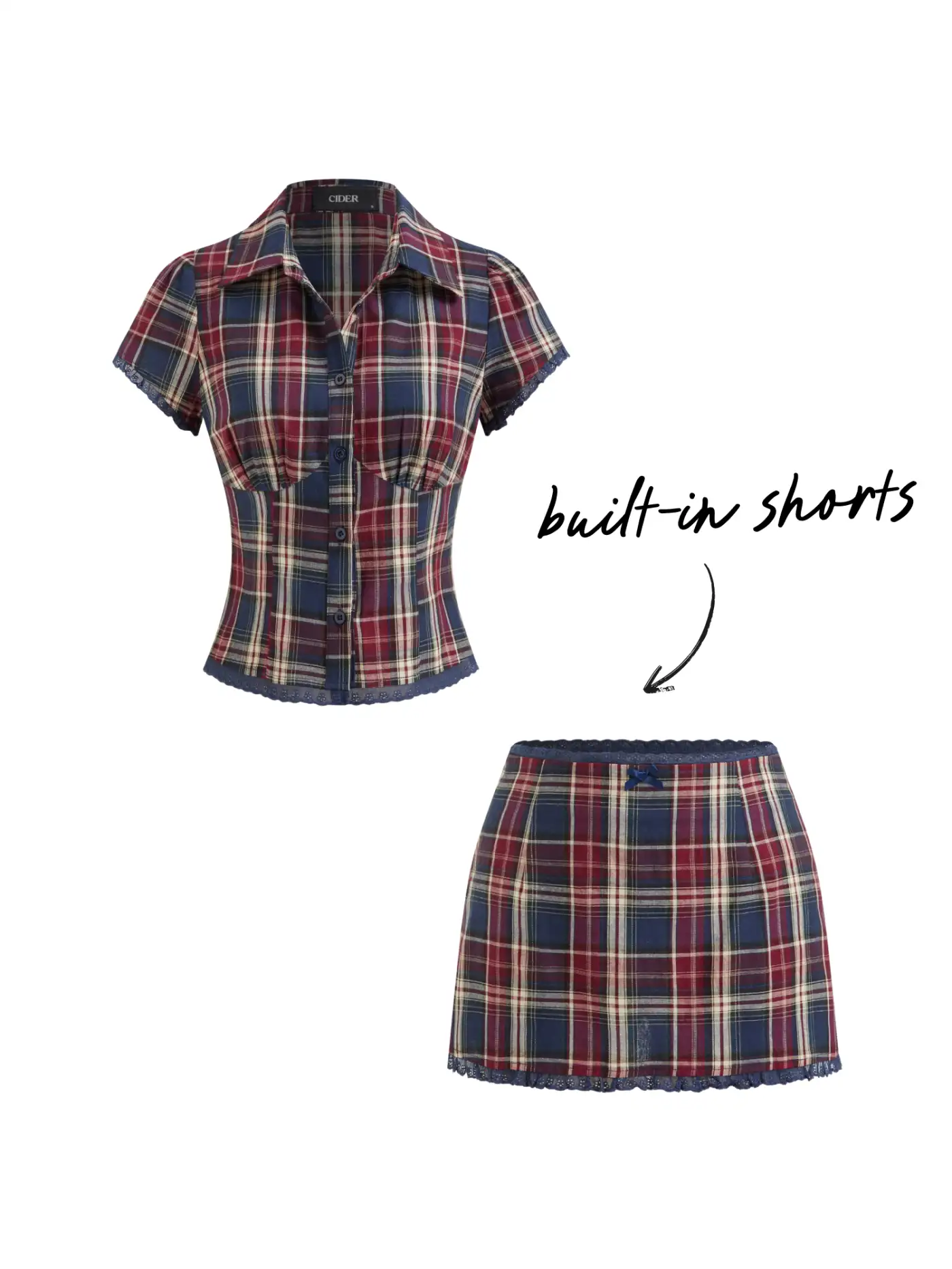 Woven Cotton Plaid Collar Short Sleeve Blouse & Mid Rise Lace Trim Bowknot Mini Skirt Set For Daily Casual