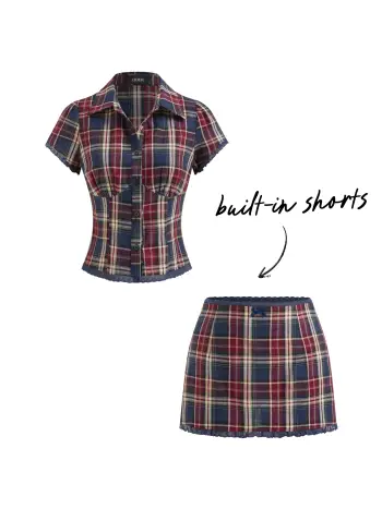 Cotton Plaid Collar Short Sleeve Blouse & Mid Rise Lace Trim Bowknot Mini Skirt Set