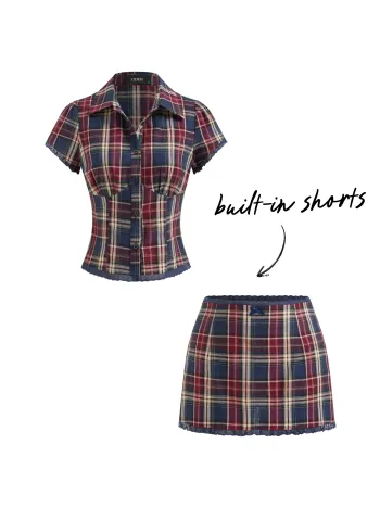 Baumwoll-Karo-Kragen-Kurzarmbluse & Midi-Hochbund-Latentrimm-Bowschmuck-Mini-Skirt-Set