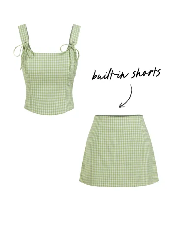 U-neckline Gingham Bowknot Crop Tank Top & Mid Rise Mini Skirt Set