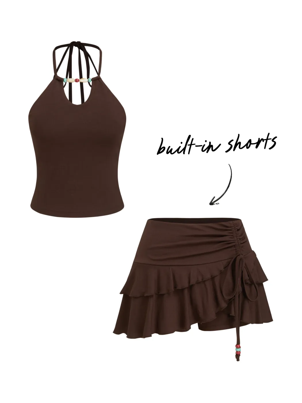 Set top cami con scollo all'americana con perline e mini skort con coulisse a vita bassa