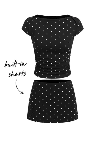 Baumwollmischung Bootshals Tupfen-Ruch-T-Shirt & Mini-Skort