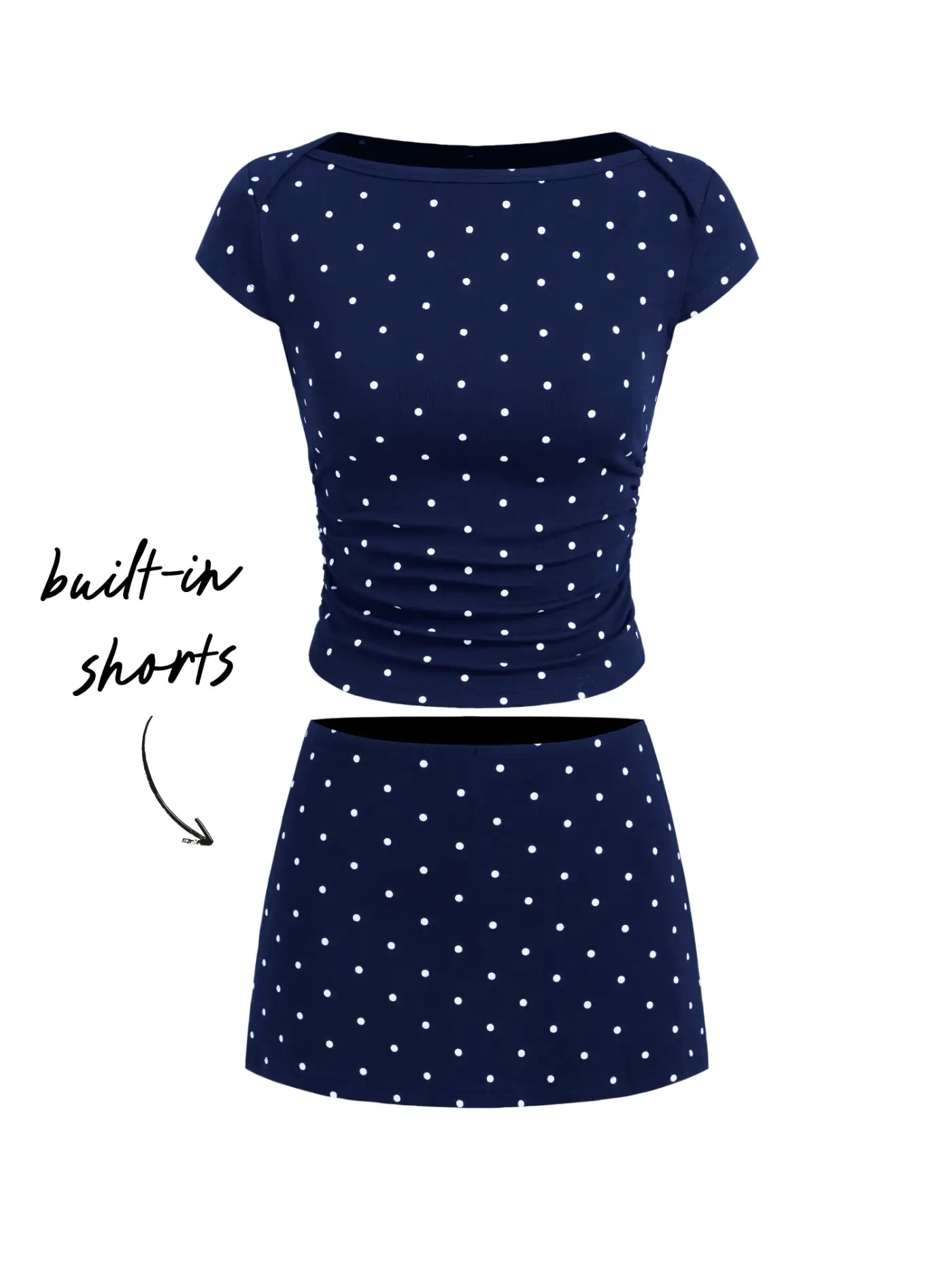 Knit Fabric Cotton-blend Boat Neck Polka Dot Ruched Tee & Mini Skort For Daily Casual