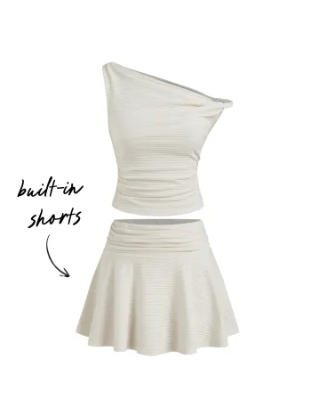 Cotton-blend Asymmetrical Neck Stripe Twist Top & Mid Rise Ruched Mini Skort Set