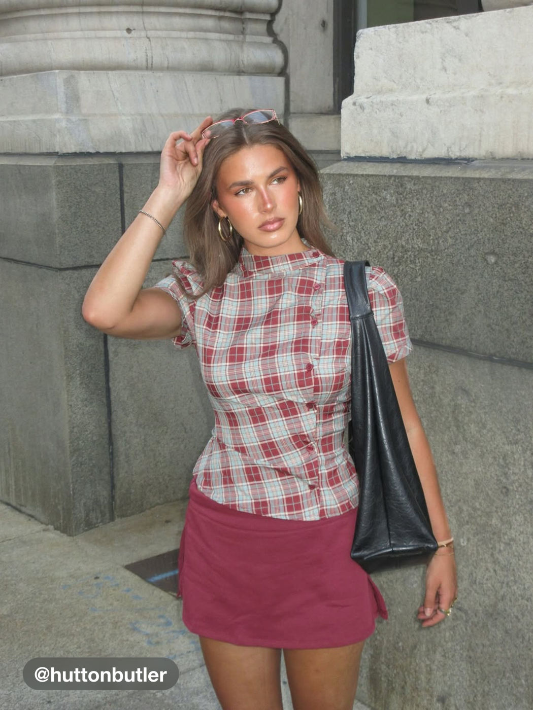 Woven Plaid Stand Collar Puff Sleeve Tie Back Button Blouse For Daily Casual