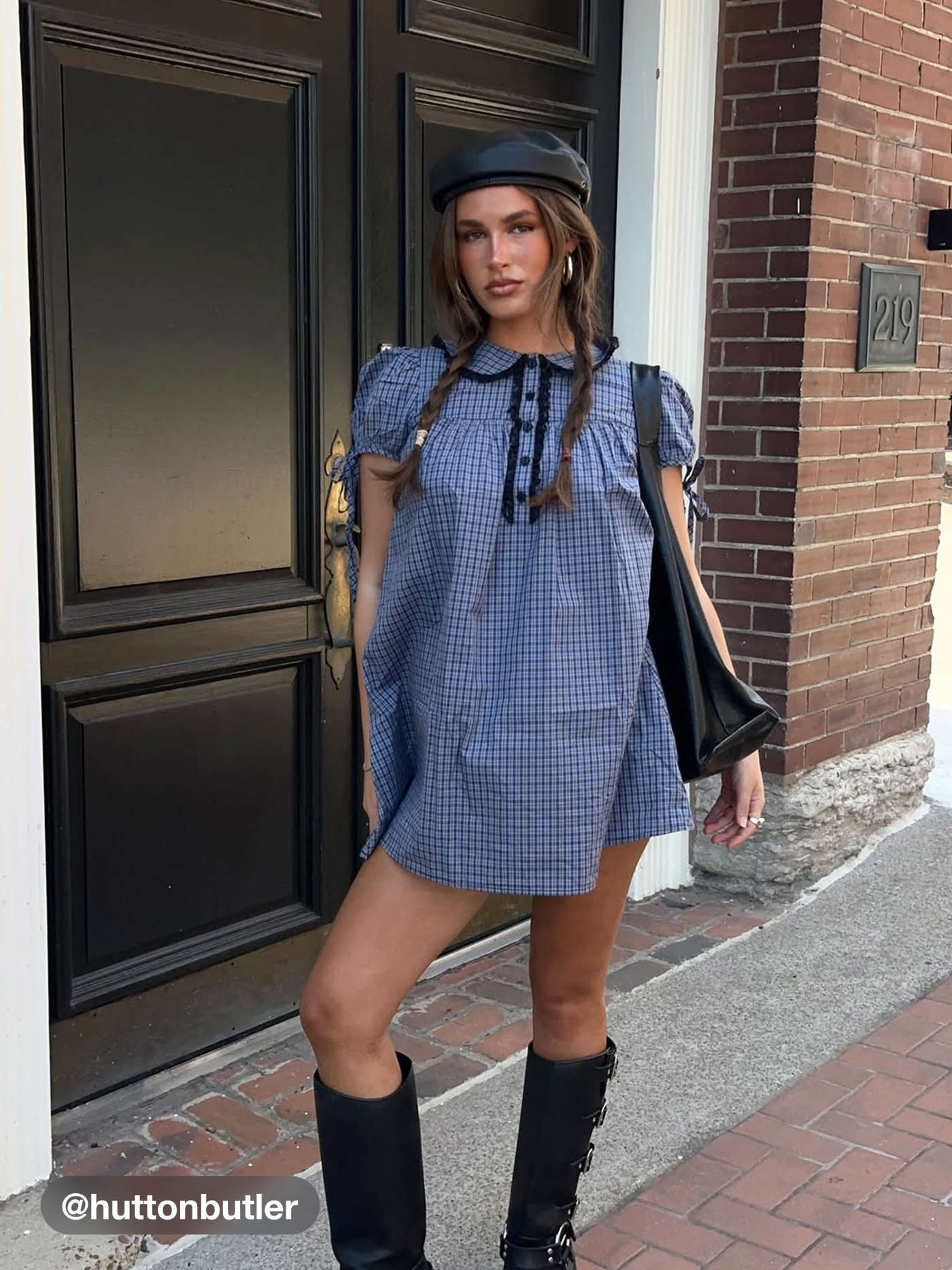 100% Cotton Peter Pan Collar Plaid Lace Trim Puff Sleeve Knotted Mini Dress