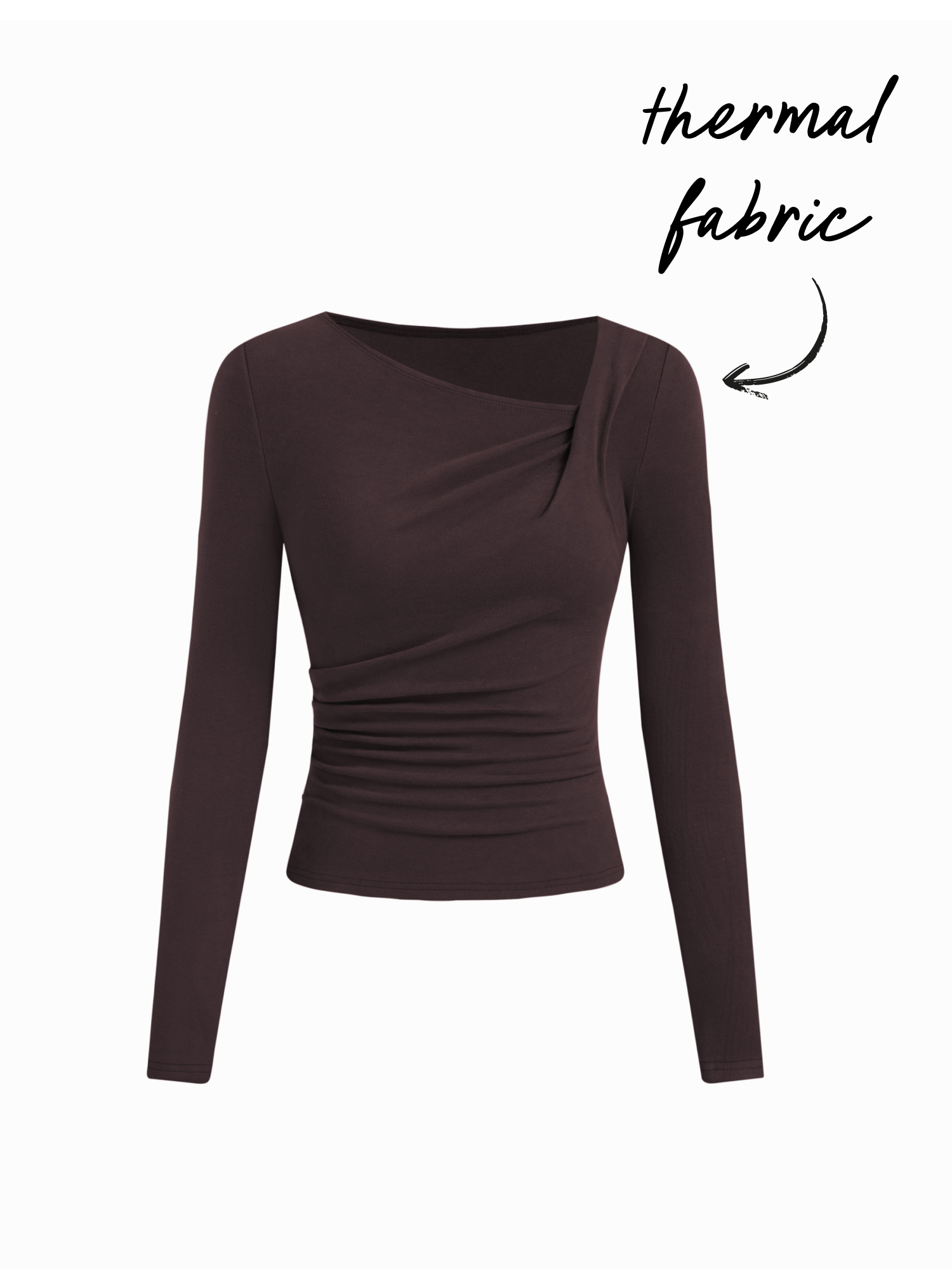 Thermal Cotton-blend Asymmetrical Neck Long Sleeve Ruched Top