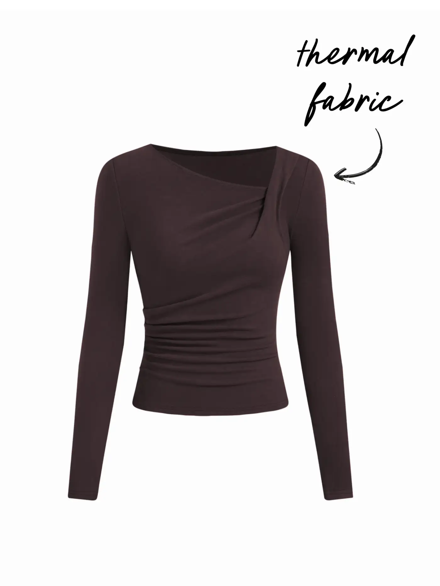 サーマルコットンブレンド アシンメトリーネック 長袖 ルーシュ入りトップス