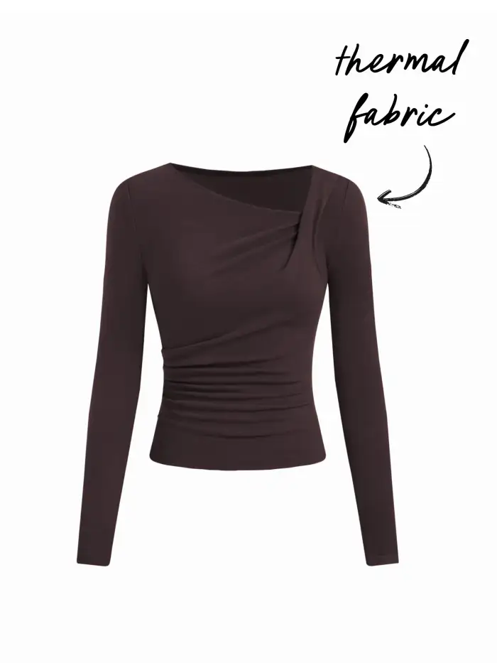 Thermal Cotton-blend Boat Neck Solid Ruched Long Sleeve Tee