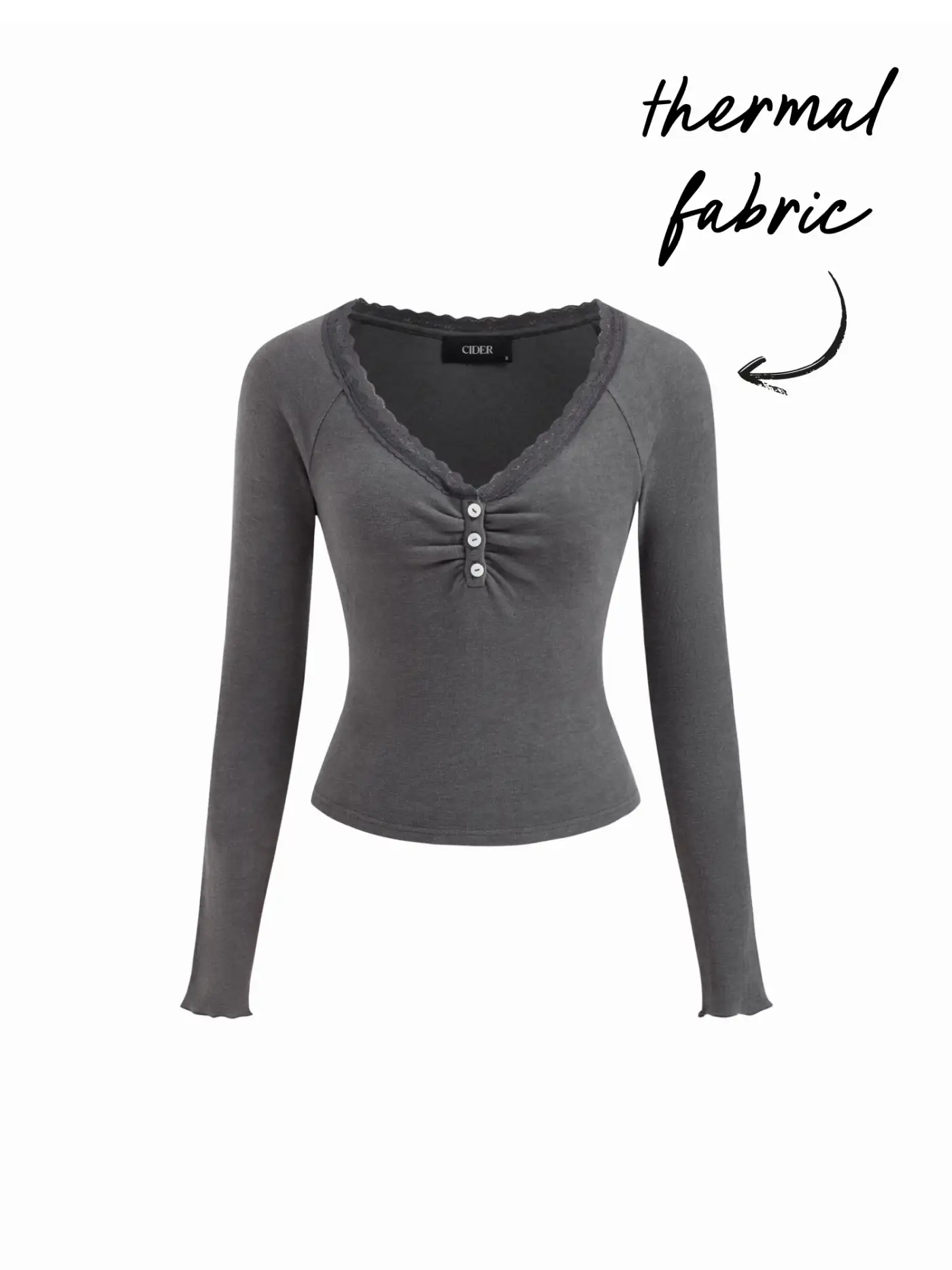 Thermal Cotton-blend V-neck Long Sleeve Lace Trim Ruched Tee