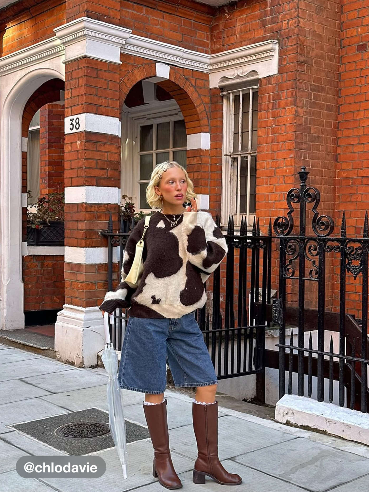 Knit Wool-blend Cow Pattern Round Neckline Long Sleeve Oversized Top