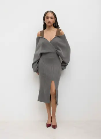Knit Off-Shoulder Wrap Lace Split Midi Dress