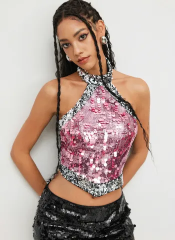 Canotta corta con scollo all'americana e rilegatura a contrasto con paillettes