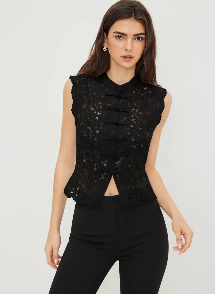 Lace Mandarin Collar Guipure Split Tank Top