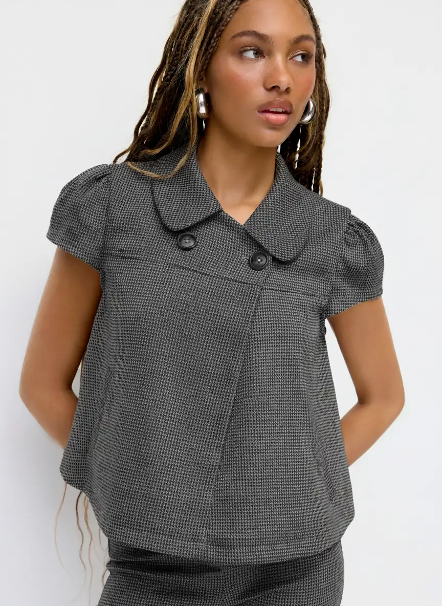 Babydoll Tops Jacquard Peter Pan Collar Houndstooth Button Short Sleeve Blouse For Daily Casual