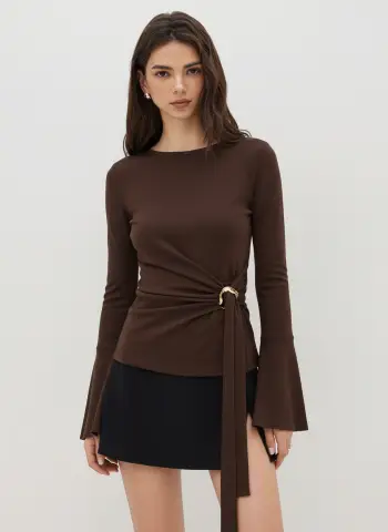 Round Neckline Ruched Metal Detail Long Sleeve Tee