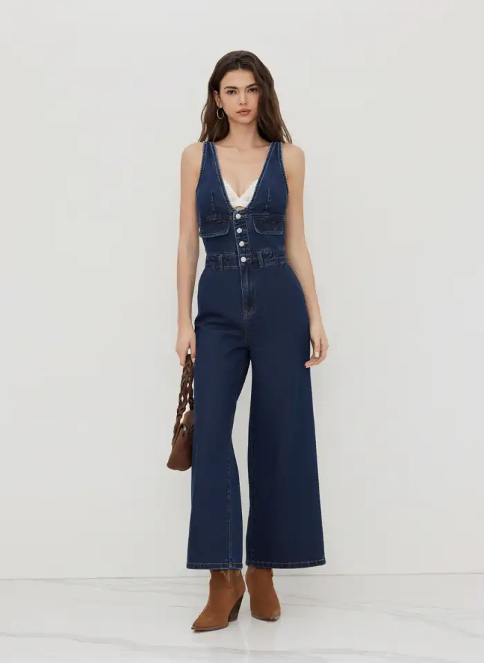 Cider Denim V-neck Button Pocket Wide Leg Jumpsuit