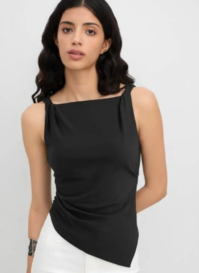 Linen-blend Asymmetrical Neck Two Tone Ruched Top