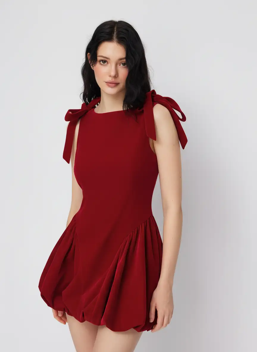 Velvet Boat Neck Bowknot Bubble Hem Mini Dress