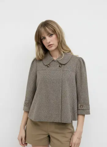 Camicetta oversize a quadri pied-de-poule con maniche a tre quarti e colletto Peter Pan Jacquard