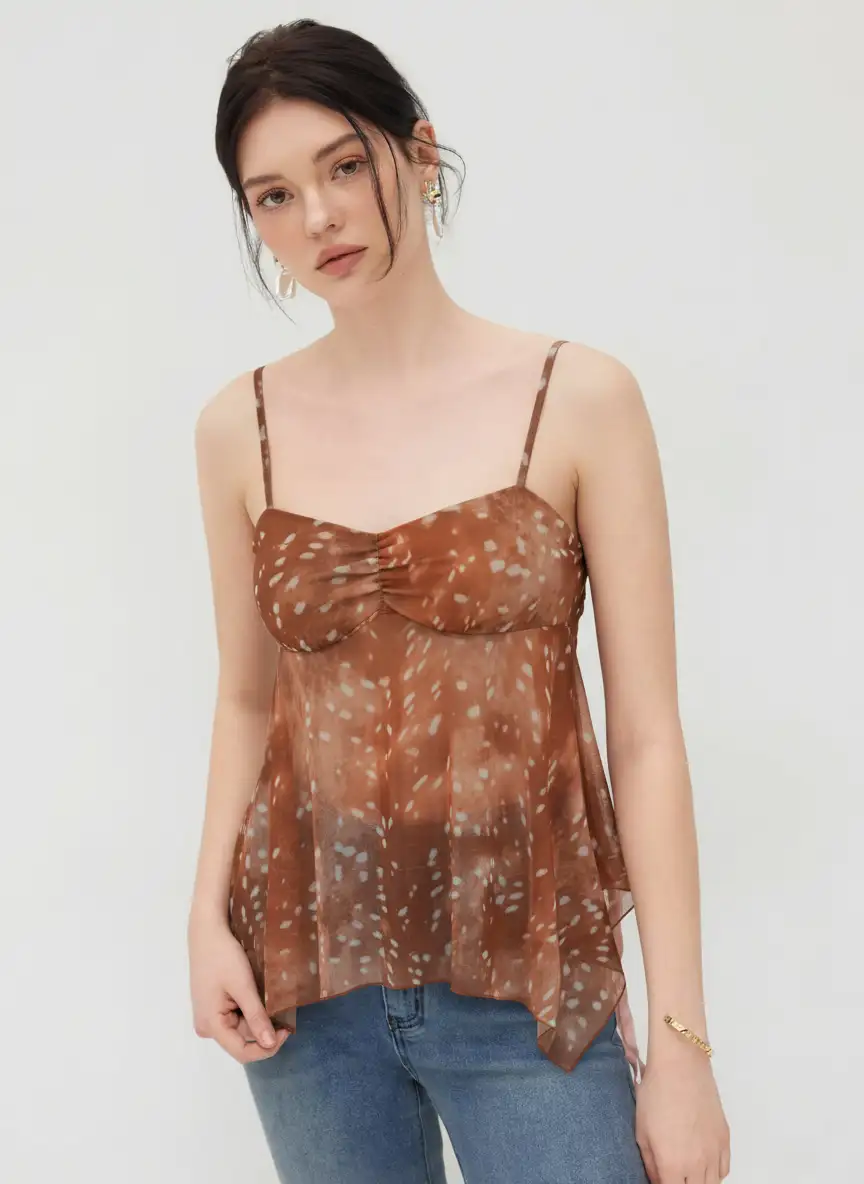 Mesh Deer Print Sweetheart Neck Asymmetrical Hem Ruffle Cami Top