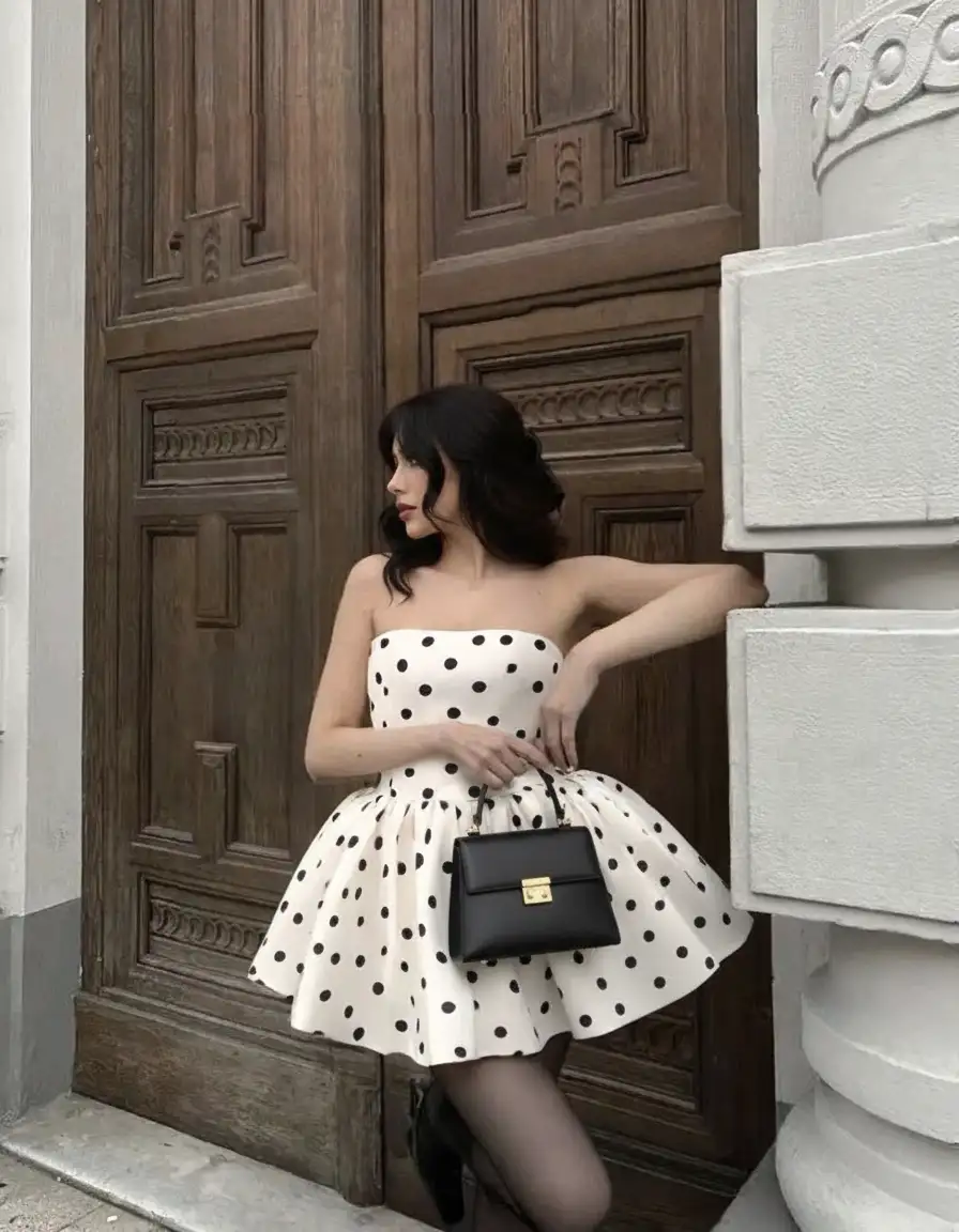 Polka Dot Ruffle Bowknot Shirred Bandeau Mini Dress