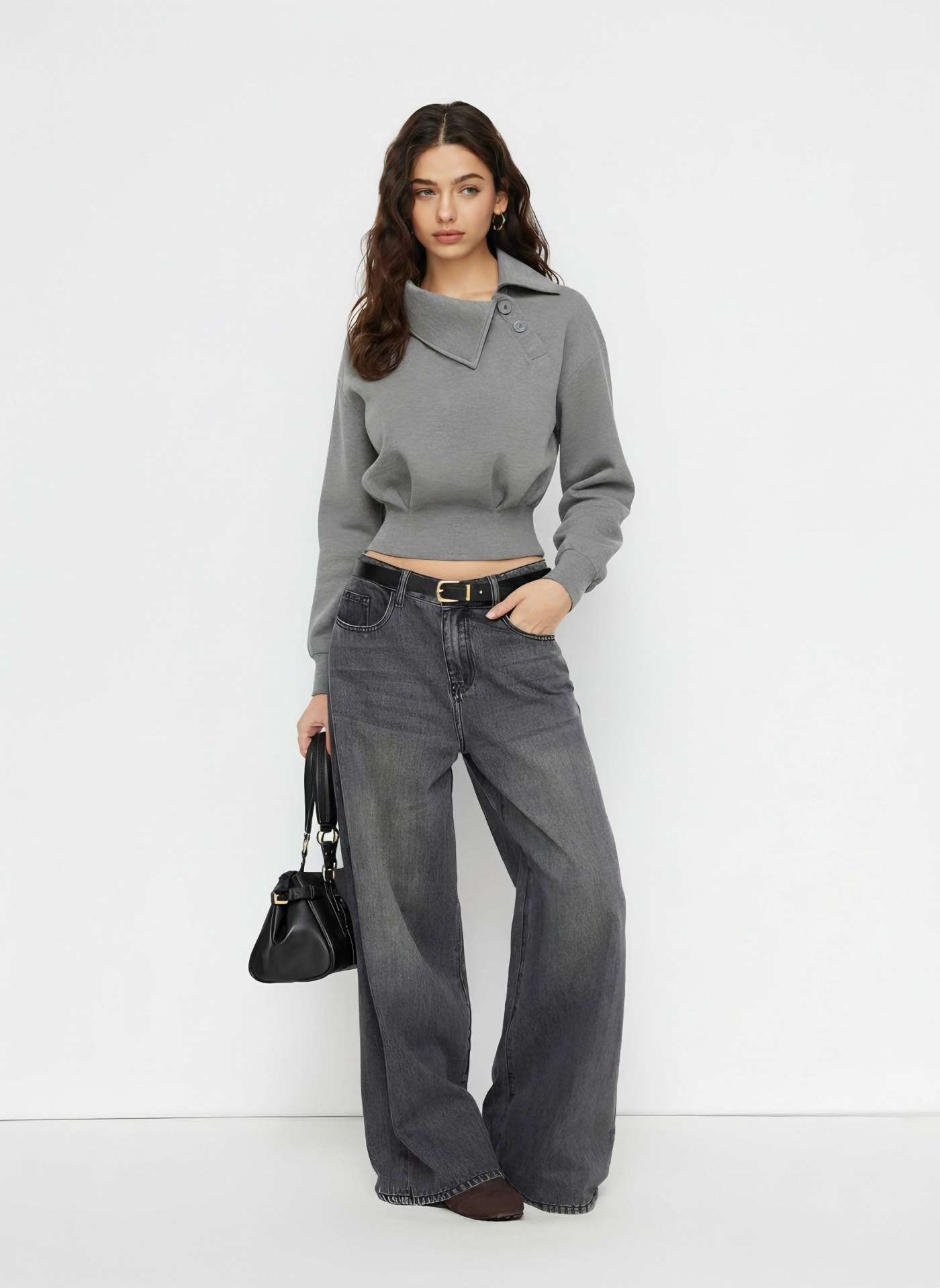 Asymmetrical Neck Long Sleeve Cinched Waist Sweatshirt