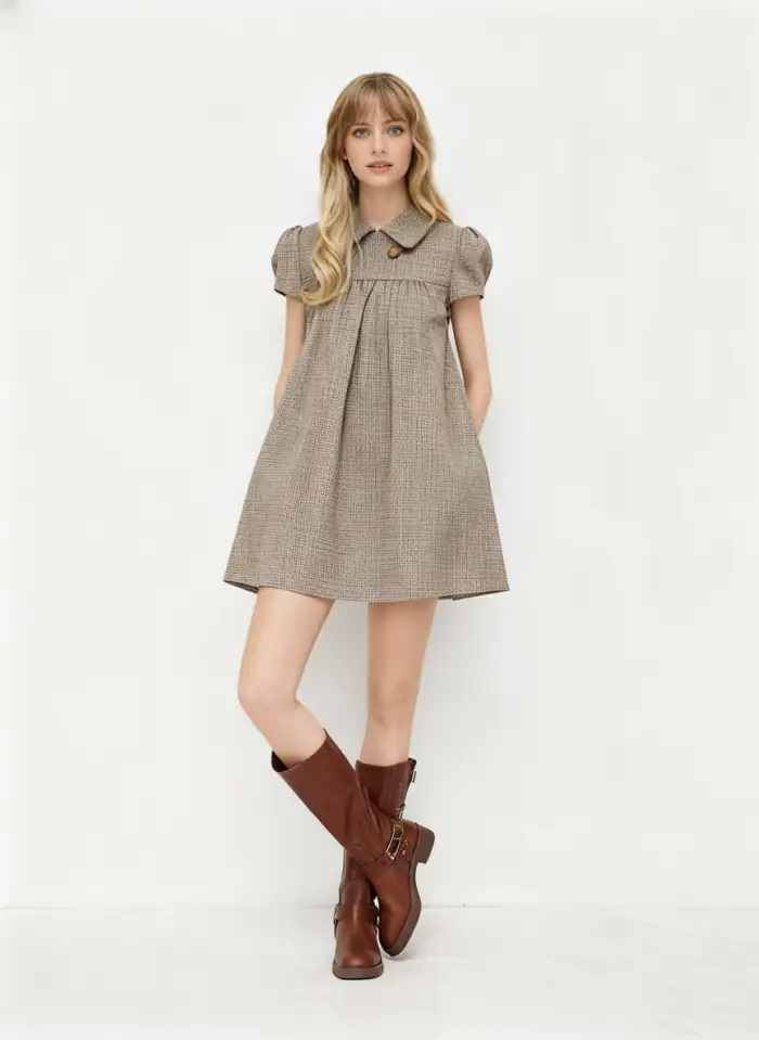 Woven Boat Neck Houndstooth Belted Mini Dress For Daily Casual Date