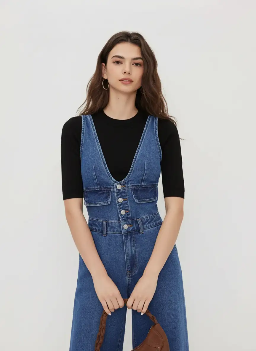 Cider Denim V-neck Button Pocket Wide Leg Jumpsuit