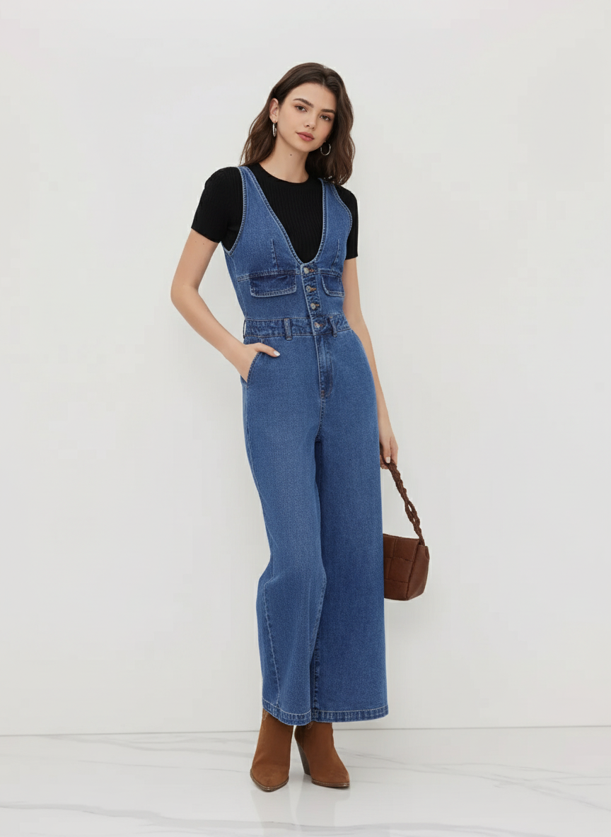 jean Denim Cider Denim V-neck Button Pocket Wide Leg Jumpsuit For Décontracté quotidien