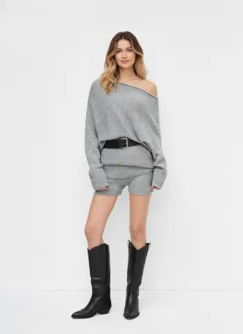 Knit Wool-blend Asymmetrical Neck Long Sleeve Sweater & Low Rise Shorts Set