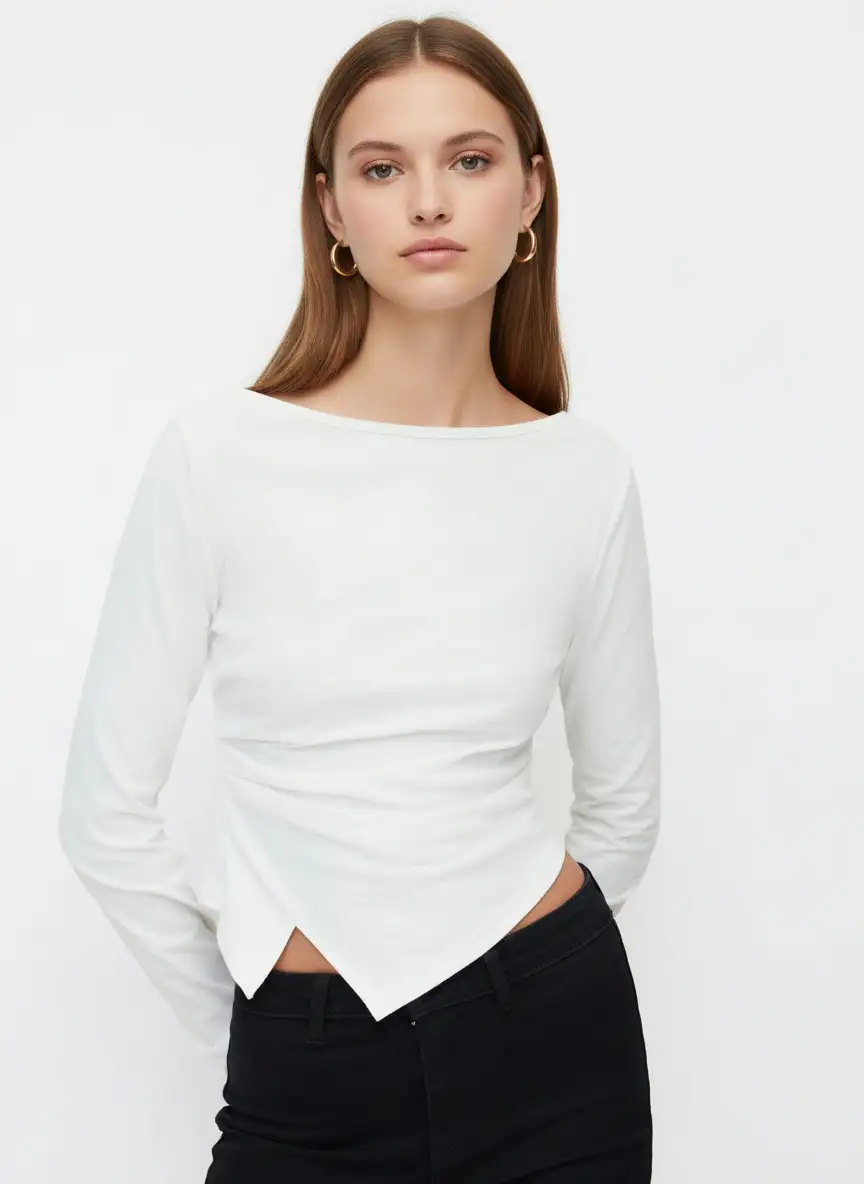 Cotton-blend Boat Neck Long Sleeve Ruched Asymmetrical Hem Tee