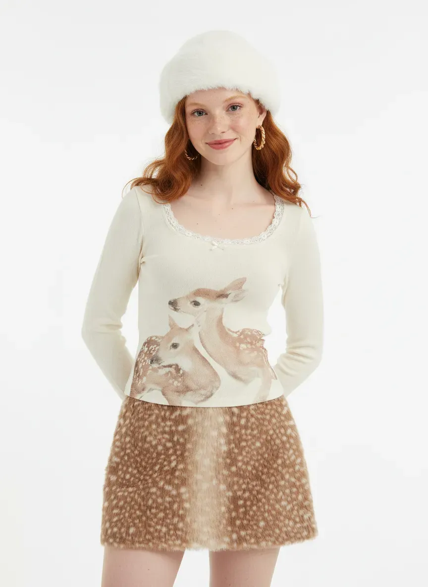 Deer Graphic Scoop Neckline Long Sleeve Lace Trim Bowknot Tee