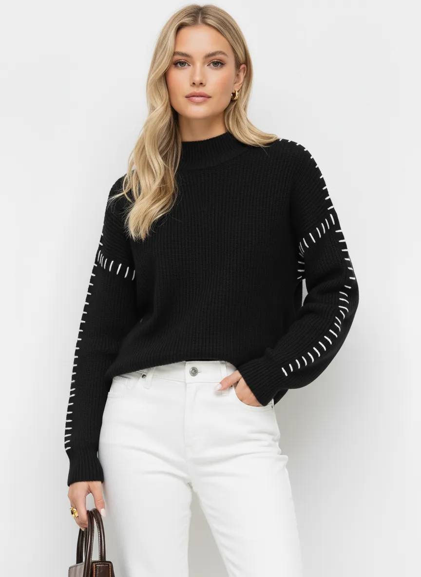 Knit Round Neck Solid Stitch Long Sleeve Sweater
