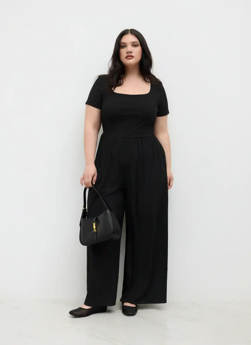 Scoop Neckline Short Sleeve Wide Leg Jumpsuit Curve & Plus