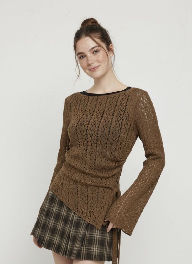 Lace Boat Neck Floral Ruched Asymmetrical Hem Bell Sleeve Top