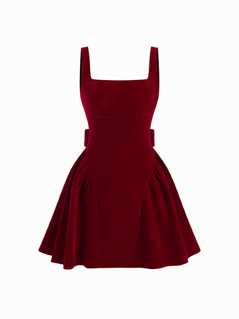 Velvet Square Neck Bowknot Tie Back Ruffle Mini Dress
