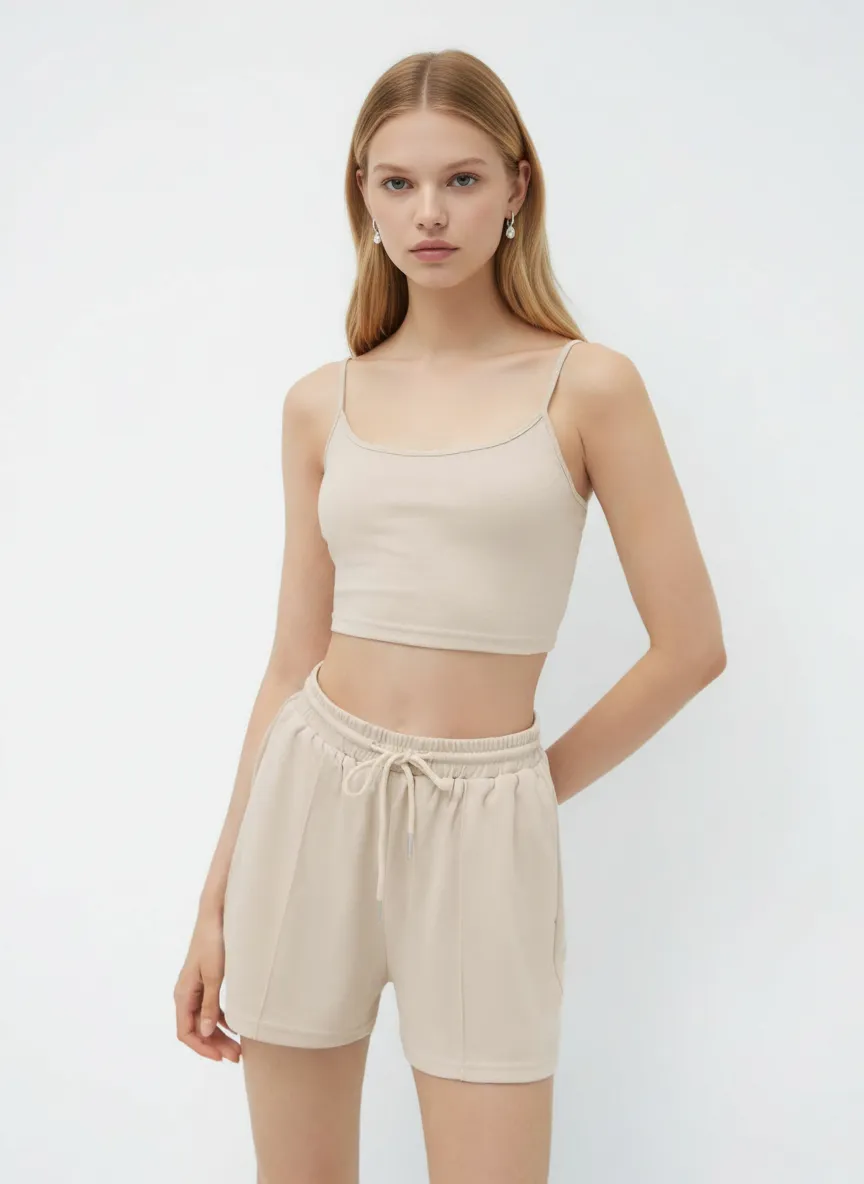 Top corto con scollo a U e pantaloncini a gamba larga con coulisse