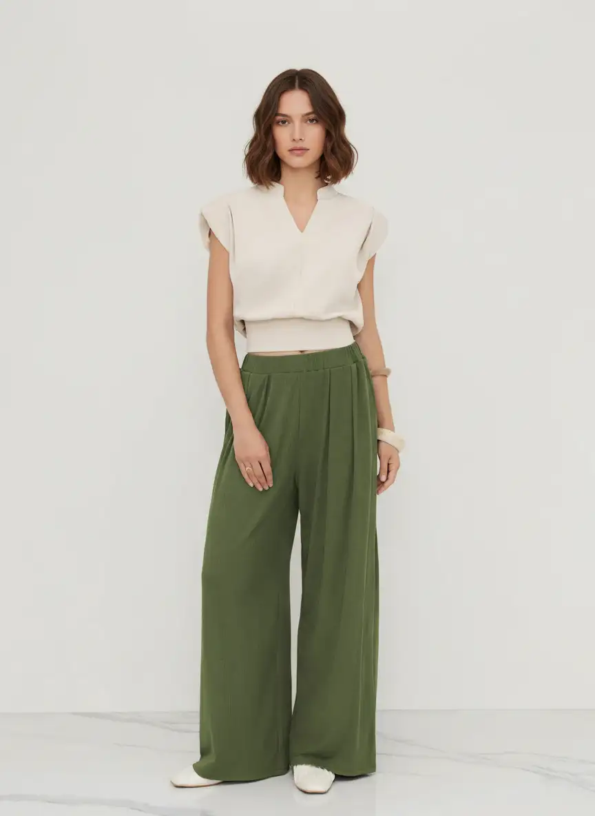 Solid Elastic Waist Wide Leg Pants