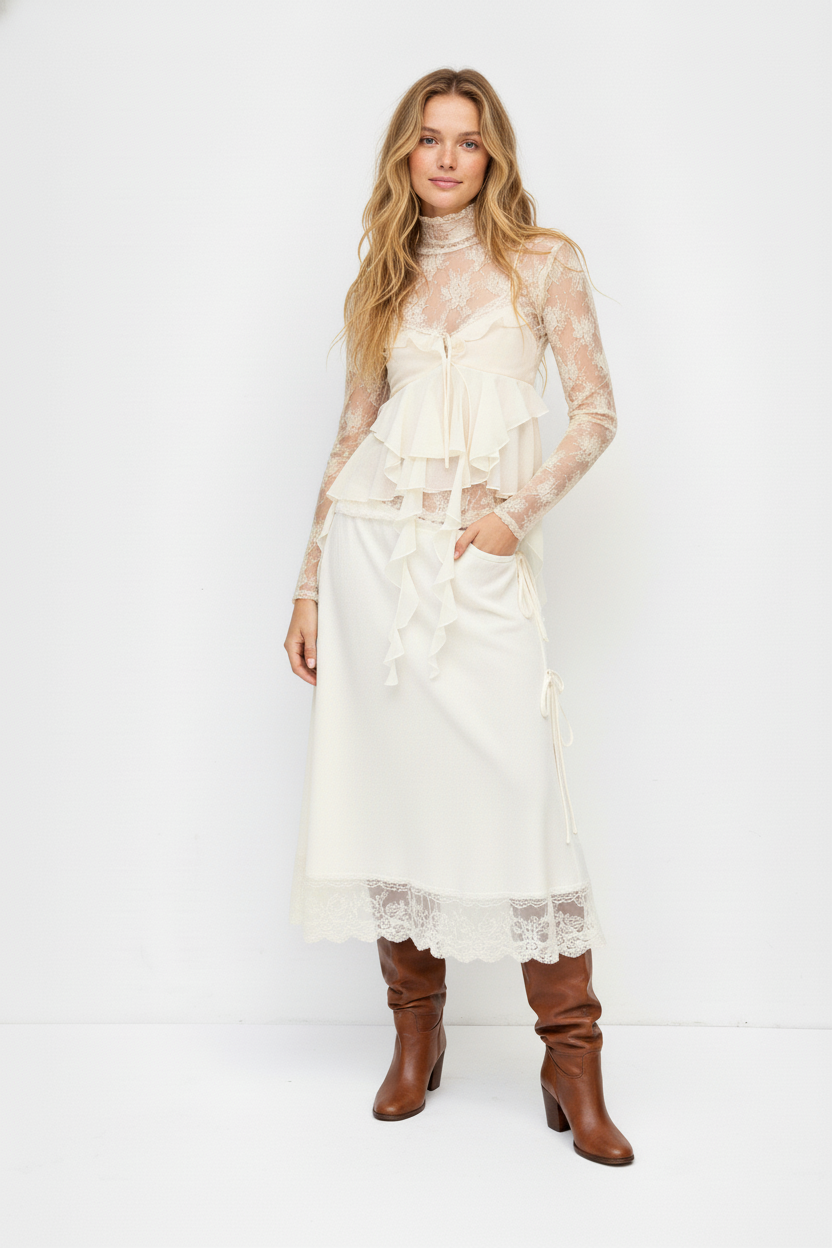 Sweetheart Knotted Lace Trim Ruffle Hem Cami Top