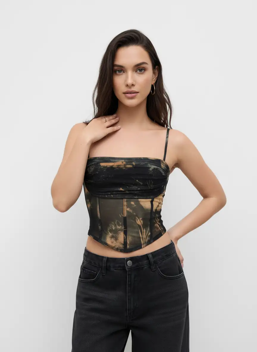 Mesh Abstract Ruched Corset Crop Cami Top