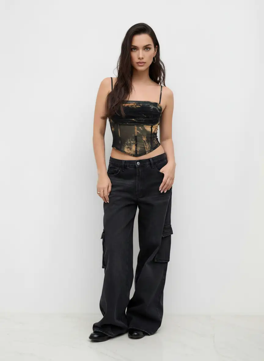 Mesh Abstract Ruched Corset Crop Cami Top